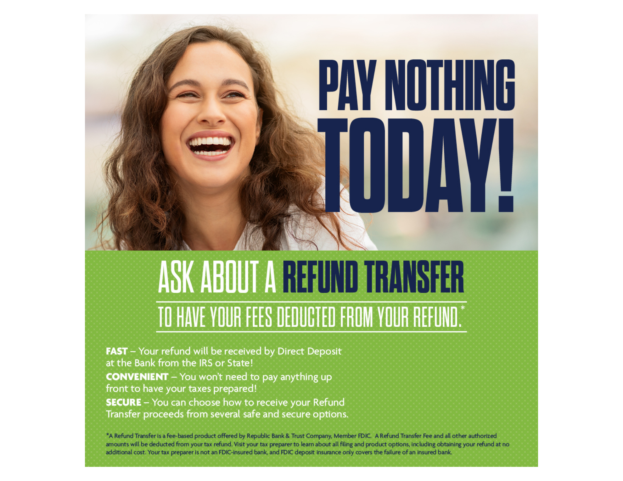 Republic Bank refund transfer and advance loan tax season flyer
