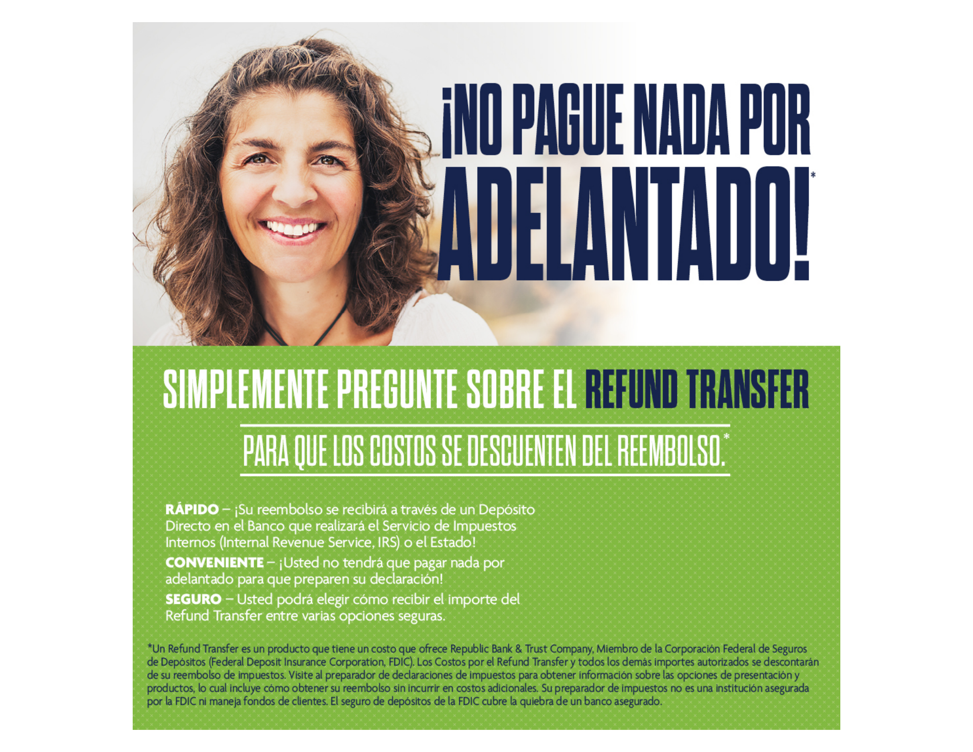 Volante de Republic Bank sobre refund transfer y prestamos de avance durante temporada de impuestos